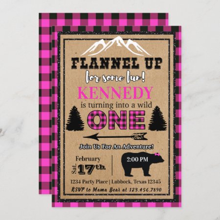 Pink Black Buffalo Plaid Girl Birthday Invitation