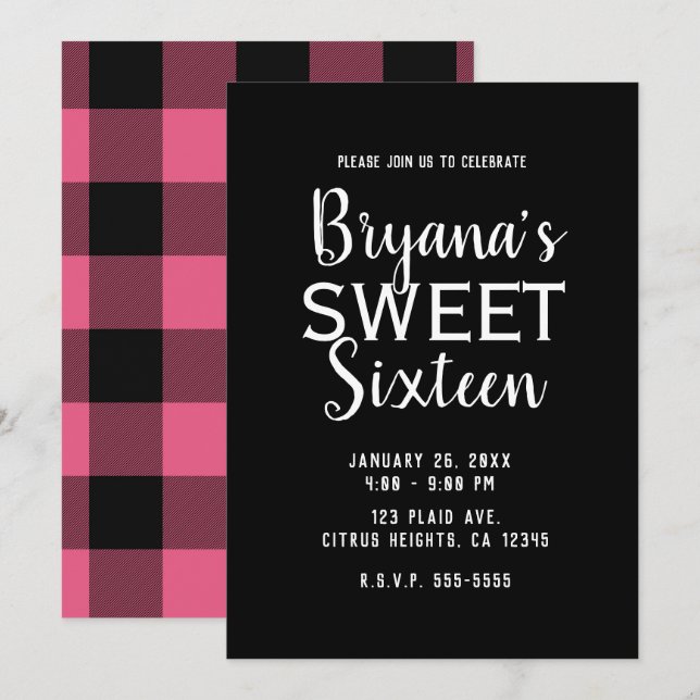Pink & Black Buffalo Plaid Sweet 16 Birthday Party Invitation (Front/Back)