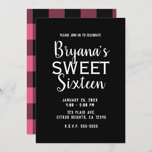 Pink  Black Buffalo Plaid Sweet 16 Birthday Party Invitation