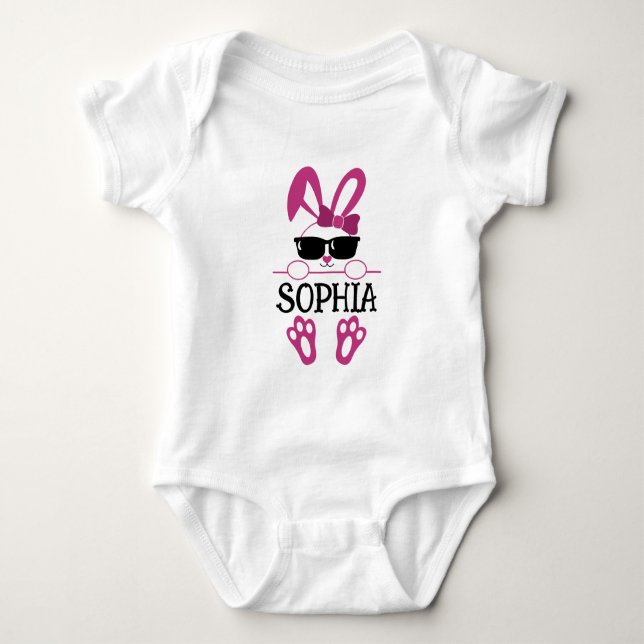 Pink Black Bunny Sunglasses Baby Girl Name Baby Bodysuit (Front)
