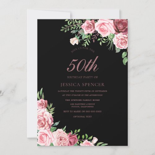 Pink Black  Burgundy Womans 50th Birthday Party Invitation