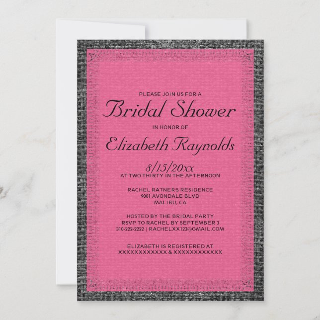 Pink & Black Burlap Bridal Shower Invitations (Front)