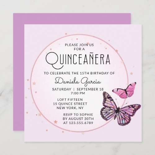 Pink Black Butterflies Stars Modern Quinceaera Invitation