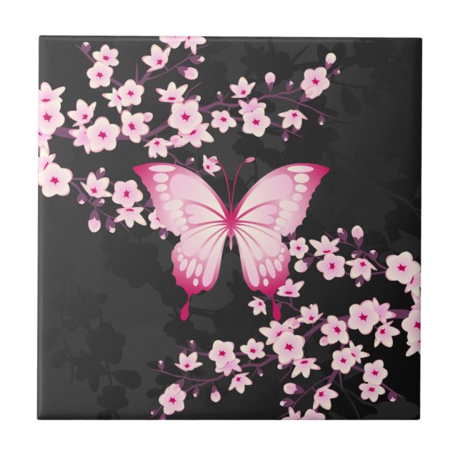 Pink Black Butterfly And Cherry Blossoms Ceramic Tile (Front)