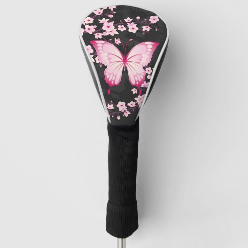 Pink Black Butterfly And Cherry Blossoms Golf Head Cover