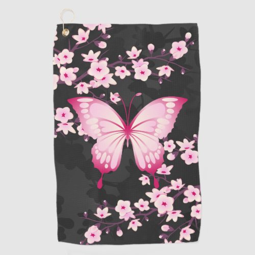 Pink Black Butterfly And Cherry Blossoms Golf Towel