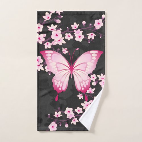 Pink Black Butterfly And Cherry Blossoms Hand Towel
