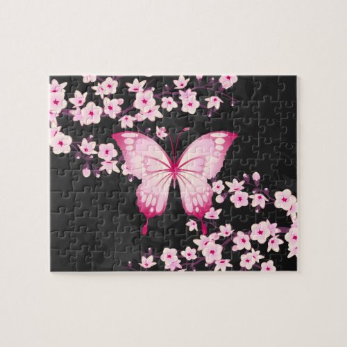 Pink Black Butterfly And Cherry Blossoms Jigsaw Puzzle