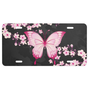 Pink Black Butterfly And Cherry Blossoms License Plate