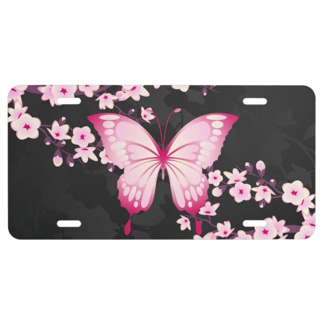 Pink Black Butterfly And Cherry Blossoms License Plate (Front)