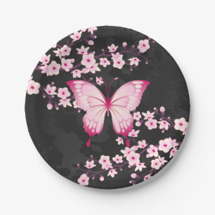 Pink Black Butterfly And Cherry Blossoms Paper Plates