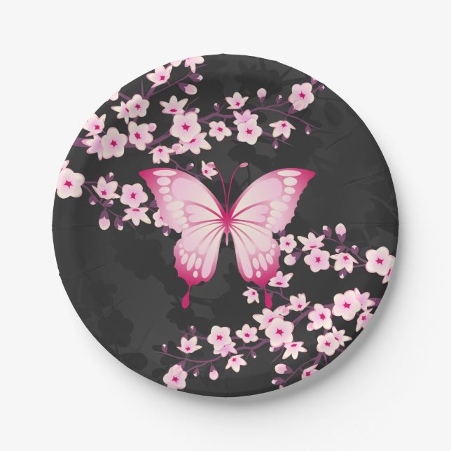 Pink Black Butterfly And Cherry Blossoms Paper Plates (Front)