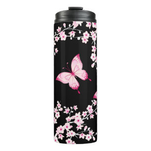 Pink Black Butterfly And Cherry Blossoms Thermal Tumbler