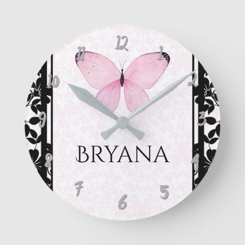 Pink  Black Butterfly Nursery Room Personalized Round Clock