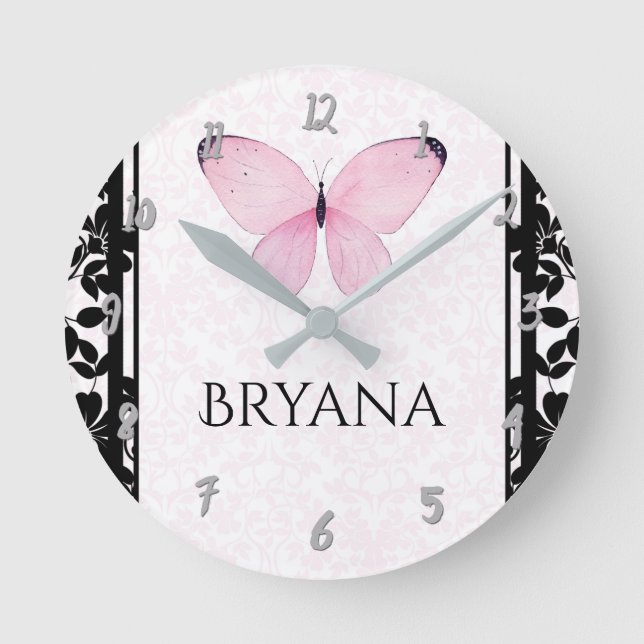 Pink & Black Butterfly Nursery Room Personalized Round Clock (Front)