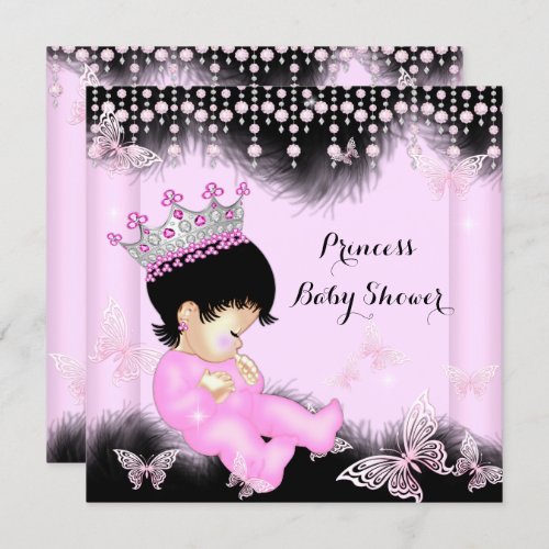 Pink Black Butterfly Princess Baby Shower Brunette Invitation