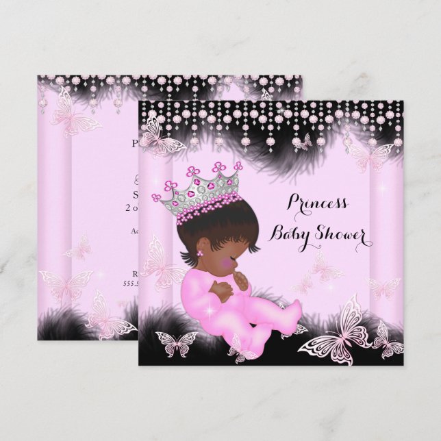 Pink Black Butterfly Princess Baby Shower Ethnic Invitation (Front/Back)
