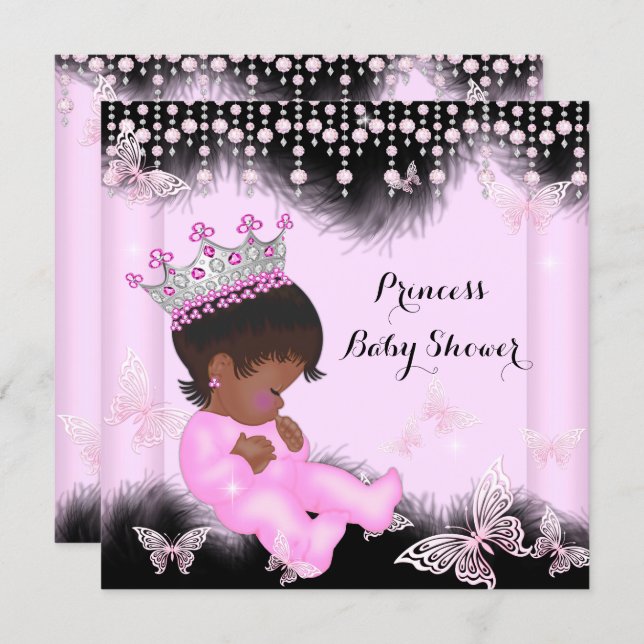 Pink Black Butterfly Princess Baby Shower Ethnic Invitation (Front/Back)