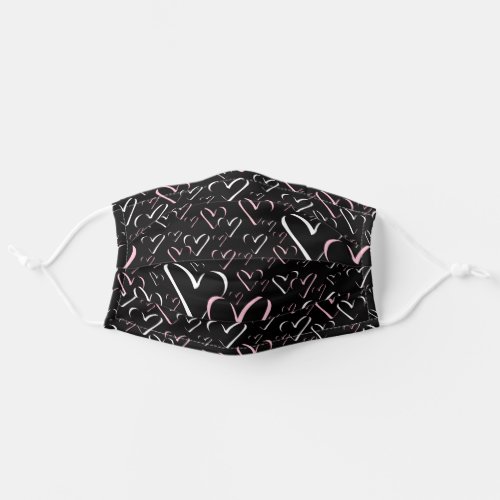 Pink Black Calligraphic Minimalist Shapes Hearts Adult Cloth Face Mask