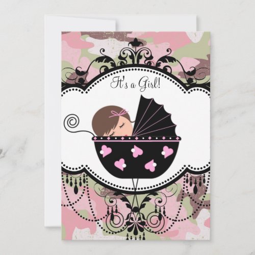 Pink Black Camouflage Baby Girl Shower Invitations