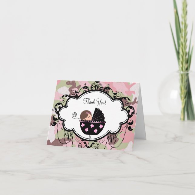 Pink Black Camouflage Baby Thank You Cards (Front)