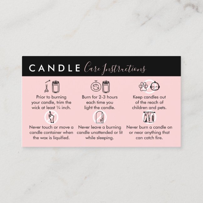 Pink Black Candle Care Instructions Business Card