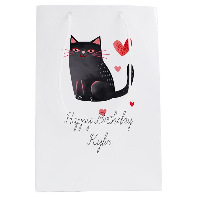 Pink Black Cats Hearts Birthday Medium Gift Bag (Front)