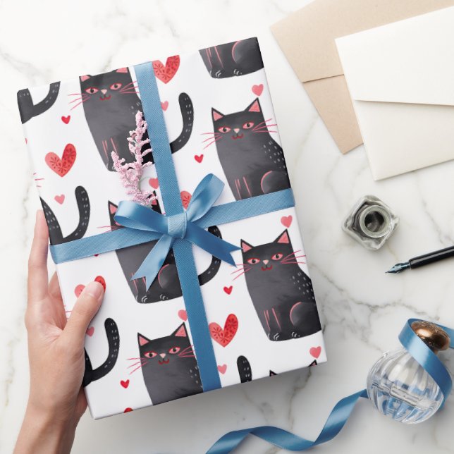 Pink Black Cats Hearts Birthday Wrapping Paper (Gifting)