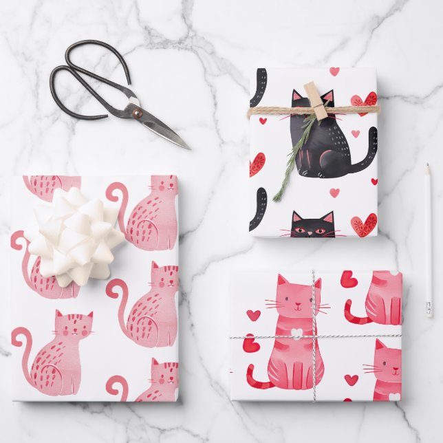 Pink Black Cats Hearts Birthday Wrapping Paper Sheets (Front)