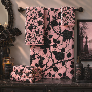 Pink & Black Cemetery Roses Gothic Bath Towel Set