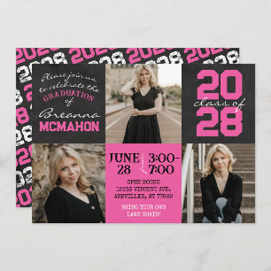 Pink & Black Chalkboard 3 Photo Graduation Invitation