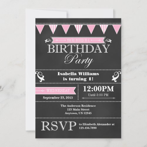 Pink Black Chalkboard Birthday Invitation