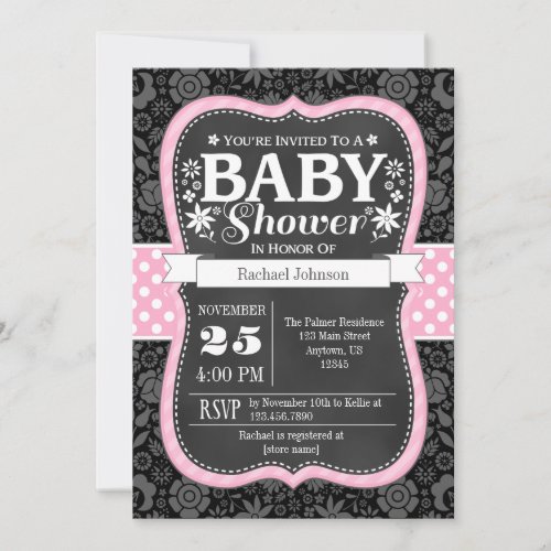 Pink Black Chalkboard Floral Baby Shower Invite