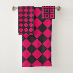 Pink Black Checker Diamond Pattern  Bath Towel Set