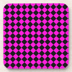 Pink Black Checker Diamond Pattern Beverage Coaster