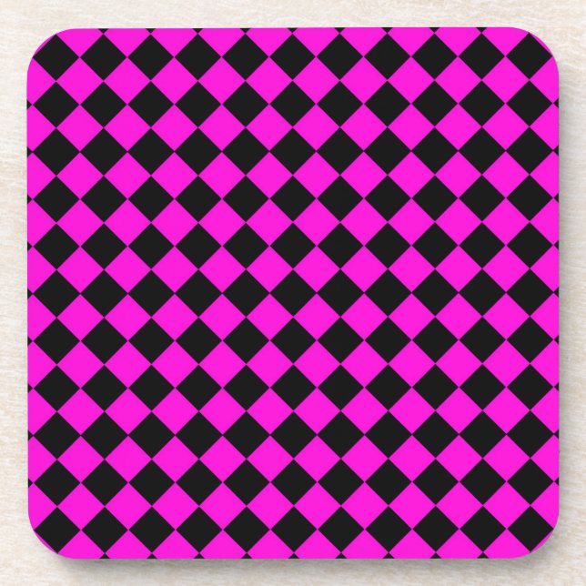 Pink Black Checker Diamond Pattern Beverage Coaster (Front)