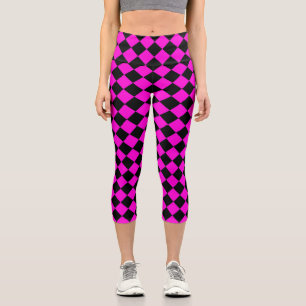Pink Black Checker Diamond Pattern Capri Leggings
