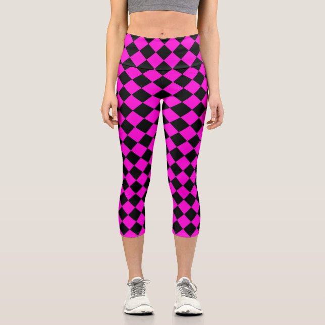 Pink Black Checker Diamond Pattern  Capri Leggings (Front)