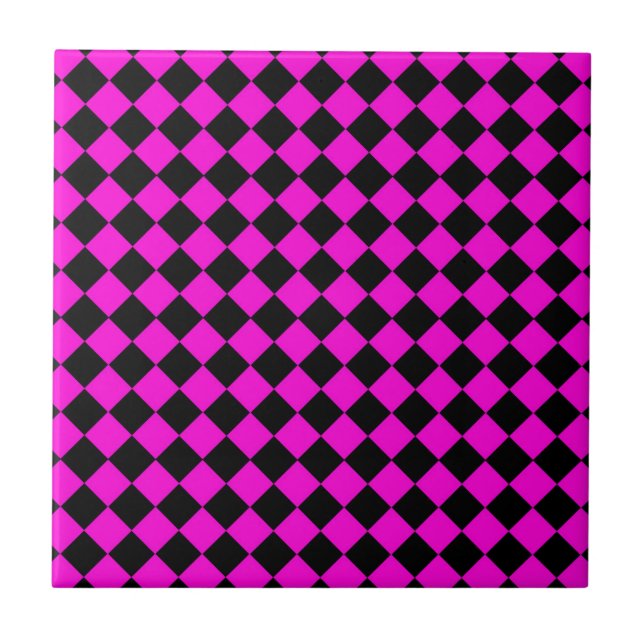 Pink Black Checker Diamond Pattern Ceramic Tile (Front)