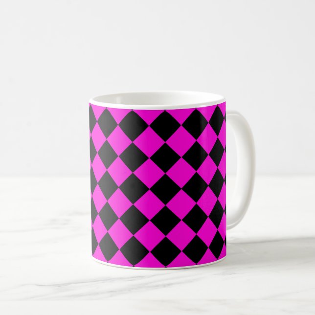 Pink Black Checker Diamond Pattern Coffee Mug (Front Right)