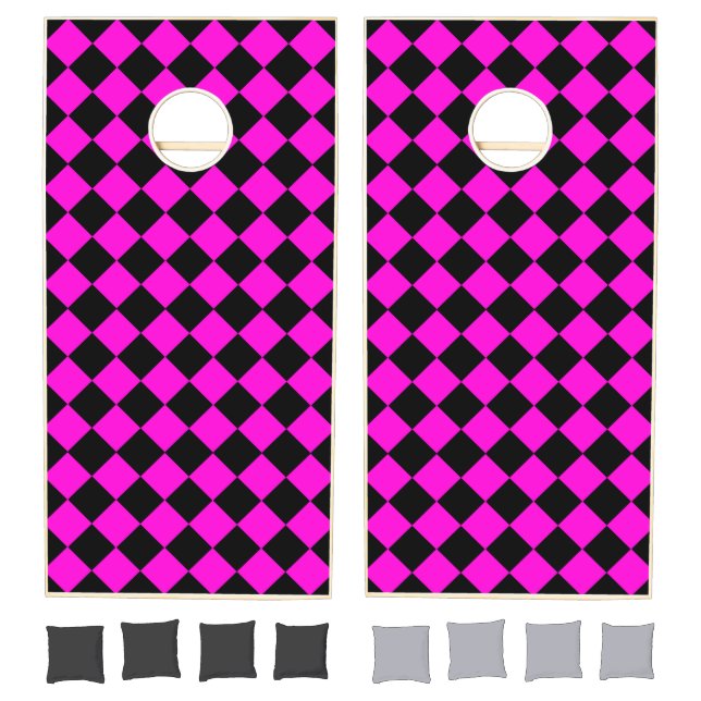 Pink Black Checker Diamond Pattern Cornhole Set (Set)