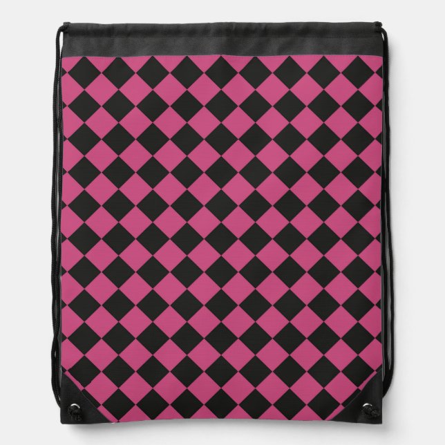 Pink Black Checker Diamond Pattern Drawstring Bag (Front)