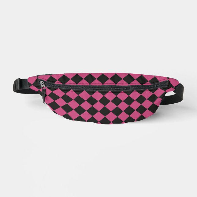 Pink Black Checker Diamond Pattern Fanny Pack (Front)