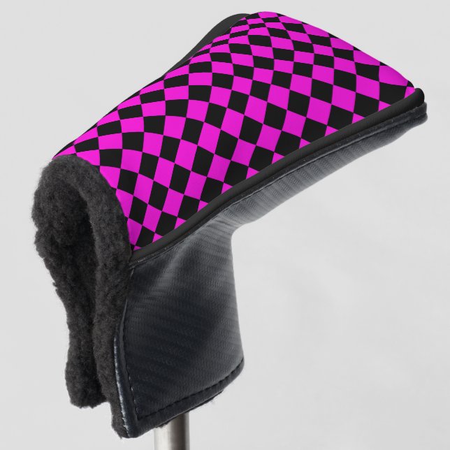 Pink Black Checker Diamond Pattern Golf Head Cover (3/4 Front)