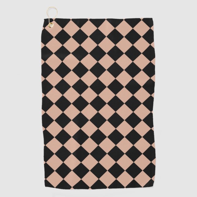 Pink Black Checker Diamond Pattern Golf Towel (Front)