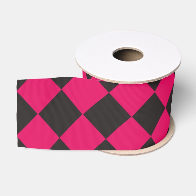 Pink Black Checker Diamond Pattern Grosgrain Ribbon (Spool)