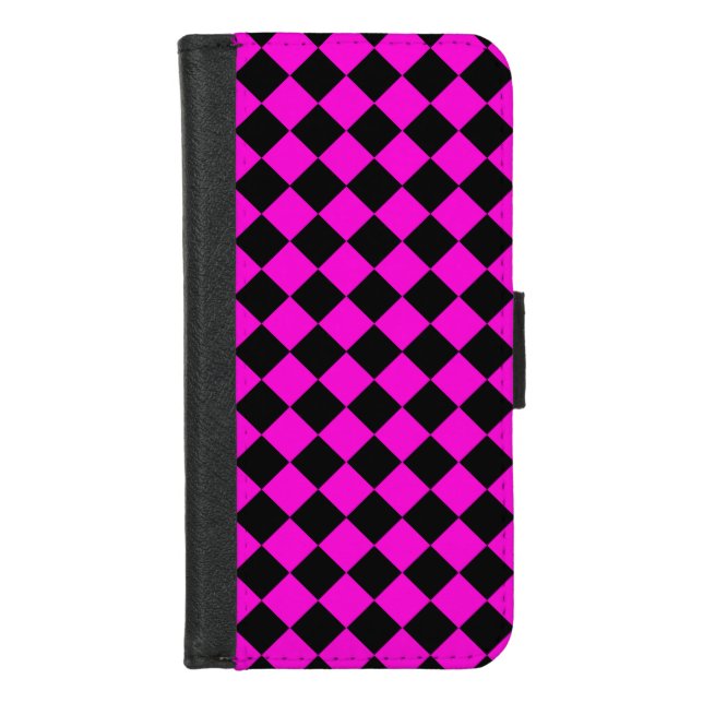 Pink Black Checker Diamond Pattern iPhone Wallet Case (Front)