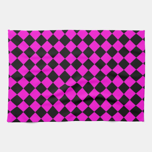 Pink Black Checker Diamond Pattern  Kitchen Towel (Horizontal)