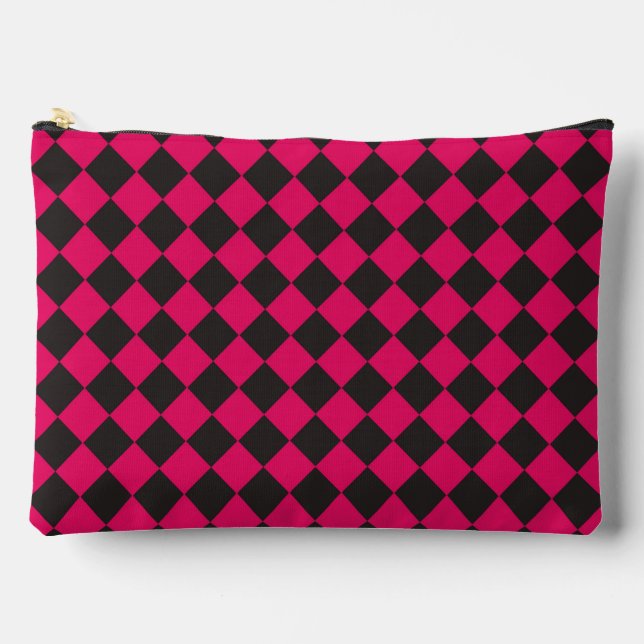 Pink Black Checker Diamond Pattern Large Accessory Pouch (Front)