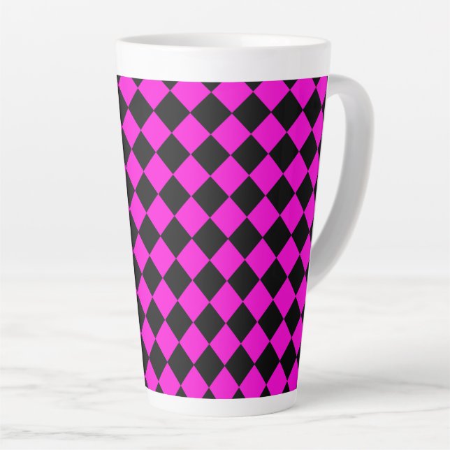 Pink Black Checker Diamond Pattern Latte Mug (Right Angle)